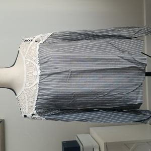 1. State Gray and White Pinstripe Blouse with White Lace Inlay.